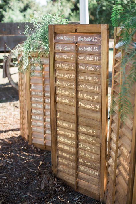 wooden shutter seating assignment display Shutters Wedding Decor, Everything For A Reason, Diy French Doors, Shutter Table, Wedding Decisions, Table Seating Chart, Chart Ideas, Seating Sign, Wooden Shutters