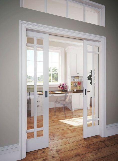 Pocket Doors To Sunroom, Home Office With Pocket Doors, Kitchen Window Into Another Room, French Doors Kitchen To Living Room, Office With Pocket French Doors, French Doors To Kitchen, Doors Separating Kitchen And Living Room, Pocket Doors To Office, Collapsing Sliding Doors