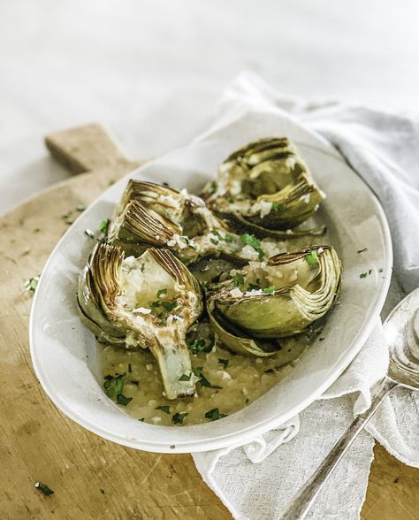 Braised Artichokes with White Wine and Garlic - Our Italian Table Braised Artichokes, Artichoke Recipe, Artichoke Recipes, Italian Table, Light Lunch, Green Salad, Artichoke, Wine Recipes, Pasta Recipes