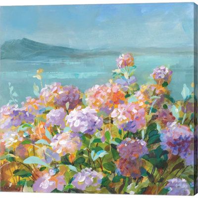 Beach Hydrangeas by Danhui Nai is a high quality piece of canvas artwork. The finished size of this piece is 24" X 24", and it has a depth 1.5". There is a UV protective coating over the entire image, and it is ready to hang on your wall with a standard drywall screw (not included). Hand made in the USA. 100% Satisfaction Guaranteed. Red Barrel Studio® | Red Barrel Studio® Beach Hydrangeas Wall Decor 24.0 H x 24.0 W x 1.5 D in green / indigoCanvas in Green;orange;purple | 24" H X 24" W | Wayfair Costal Granddaughter Paintings, Honors Art Projects, Cute Beachy Paintings, Vintage Coastal Art, Psychological Paintings, Summer Aesthetic Painting, Flowers By The Ocean, Big Art Pieces, Plumeria Painting