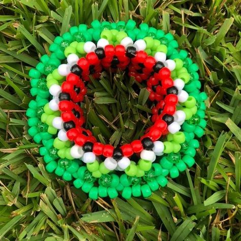 Kandi Cosplay, Kandi Cuffs, Watermelon Kandi Cuff, Kandi Cuff Ideas, Big Kandi Cuff, 3d Cuff Kandi, Cuff Pattern Kandi, Rave Kandi Ideas, Scene Kandi Cuff