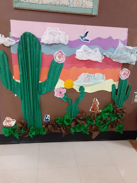 Cactus, Southwestern theme, PTO decoration. Desert Theme Party Decorations, Desert Party Decorations, Desert Theme, Desert Theme Party, Southwest Wall Decor, Sunday School Classroom Decor, Paper Cactus, Texas Theme, Frog Theme