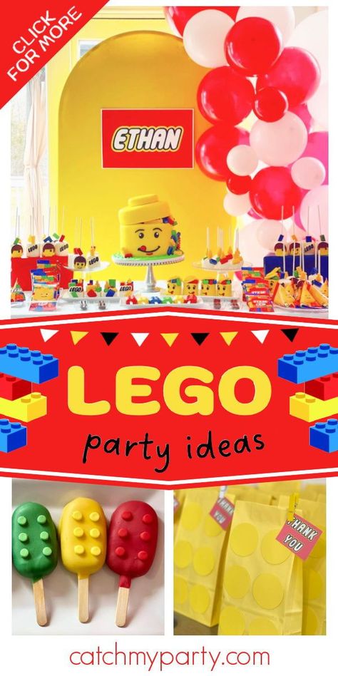 Check out thus fun Lego birthday party! The cake is fantastic! See more party ideas and share yours at CatchMyParty.com Lego Donuts Party Ideas, Lego Party Ideas Decoration, Lego Party Table, Lego Birthday Party Decorations, Lego Party Bags, Lego Party Ideas, Lego Themed Birthday Party, Lego Birthday Party Ideas, Roblox Theme