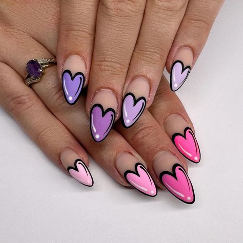 Whether it's a significant symbol, a design with your little one's birthdate or even a favorite character, there are so many amazing tattoo options for moms. Unusual Valentines Day Nails, Valentinenails Design, Comic Book Valentines Nails, Cartoon Heart Nails, Valentine Cartoon Nails, Fancy Valentines Nails, Valentine Nails Purple, Valentines Day Nail Art Designs, Funky Valentine's Nails