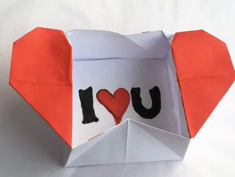 Picture of Go Ahead Box Origami Tutorial, Easy Origami Heart, Origami Star Paper, Box Origami, Box Envelope, Heart Envelope, Paper Balloon, Dollar Origami, Origami Ball