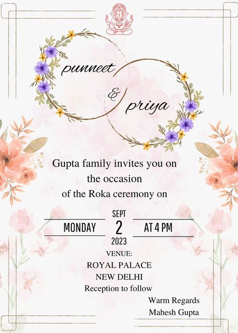 Create Roka Ceremony Invitation Card Free - Shaadi Vibes Engagement Invitation Card Design Background, Roka Ceremony Invitation Card, Roka Invitation, Shaadi Vibes, Marriage Biodata Format, Roka Ceremony, Ceremony Invitation Card, Engagement Invite, Invitation Card Maker