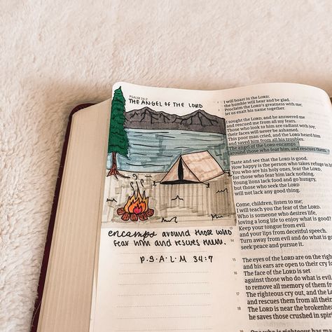 “The angel of the Lord encamps around those who fear him, and rescues them.” ‭‭Psalm ‭34‬:‭7‬ 🏕️ - Inspo: @heavenlydesigns.co :) Psalms Bible Journaling, Jesus Doodles, Studying Bible, Psalm 89, The Angel Of The Lord, Psalm 6, Angel Of The Lord, Psalm 147, Bible Things