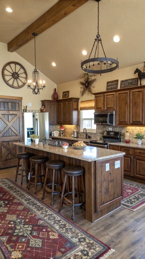 Rustic Kitchen Southwest Farmhouse Kitchen, Western Ranch Kitchen, Country Ranch Style Homes Interior, Fixer Upper House Ideas, Western Kitchen Ideas, Country Ranch Style Homes, Rustic Coastal Kitchen, Rustic Italian Kitchen, Cozy Cabin Kitchen