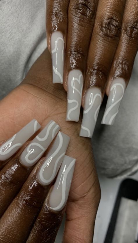 White Based Nails, White Arclyc Nails Design, White Nails With White Designs, White Base Acrylic Nails With Design, Nut White Nails With Design, White Acrylic Nails With Design Coffin, White And Black Acrylic Nail Designs, White On White Nail Designs, White Long Nails Coffin