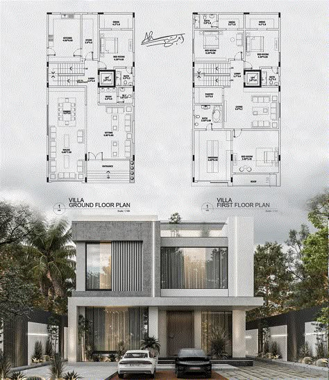 MODERN VILLA IN QATER Villa Plan 2 Floor, Villa Layout Plan, Modern Villa Elevation, Villa Floorplan, Modern Villa Plan, Sea Villa, Interior Design Sketchup, Two Story House Design, Modern House Floor Plans