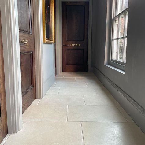 Limestone Hallway, Limestone Tile, St Albans, Narrow Hallway, Diy Flooring, Stone Flooring, Grey Walls, Hallway, Tile Floor