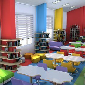 Daycare Room Design, Space Divider, School Library Design, Kindergarten Interior, Classroom Interior, School Building Design, Daycare Design, Kindergarten Design, School Murals