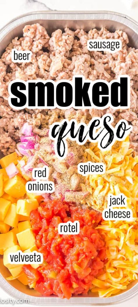 This smoked queso dip on the smoker is a delicious blend of sausage, velveeta, rotel (tomatoes and green chilies) jack cheese, beer and optional bacon and jalapeno! #smoked #cheese #dip #queso #velveeta Cheese Dip Queso, Smoked Cheese Dip, Queso Velveeta, Best Queso Recipe, Sausage Queso Dip, Queso Dip Velveeta, Smoked Queso Dip, Velveeta Rotel, Velveeta Cheese Dip