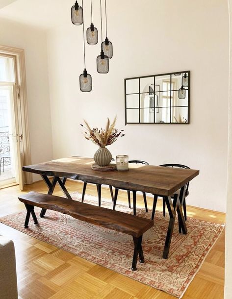 Wooden Dining Tables With Bench, Solid Wood Dining Table Rustic, Wood Bench Dining Table, Long Dining Table Decor, Wood Dining Table Decor, Dining Table Metal Base, Epoxy Dining Room Table, Bench Dining Set, Bench Dining Table