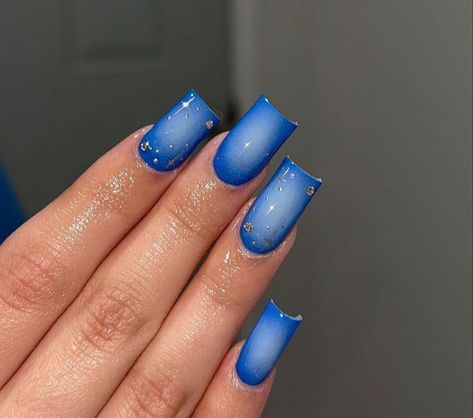 Glacier Blue Nails, Short Blue Square Acrylic Nails, Blue Aura Nails Square, Blue Nail Ideas Acrylic Square, Simple Short Blue Nails, Short Blue Ombre Nails, Blue Overlay Nails, Short Blue Acrylics, Coffin Aura Nails