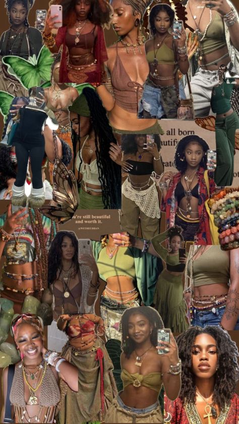 Earthy Boho Fashion, Hippie Black Femininity Aesthetic, Earthy Outfits Aesthetic Black Woman, Dark Earthy Aesthetic Outfits, Earthy Style Aesthetic, Earthy School Outfits, Earthy Clothes Aesthetic, Earthy Style Black Women, Earthy Aesthetic Black Woman