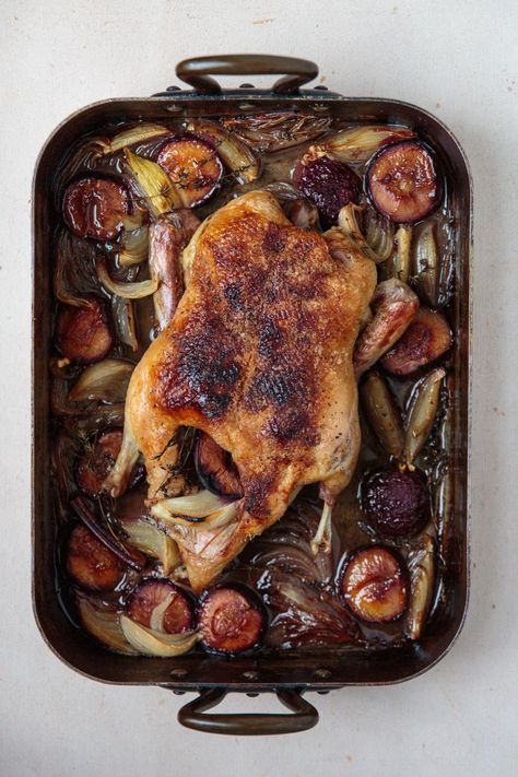 Roast Duck with Plums Recipe | Saveur Austrian Food, Bavarian Recipes, Swiss Recipes, Holiday Roasts, Plum Recipes, Roast Duck, Duck Recipes, Stone Fruit, Roast Recipes