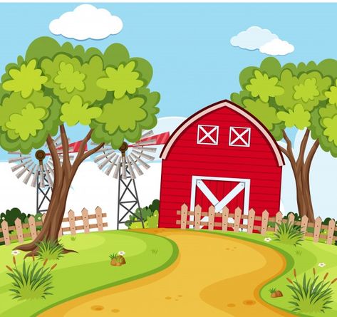 Escena de la granja con pequeño granero ... | Premium Vector #Freepik #vector #fondo #arbol #casa #edificio Red Barn House, Farm Scenery, Farm Cartoon, Farm Windmill, Jungle Mural, Rural House, Farm Buildings, Farm Scene, Farm Party