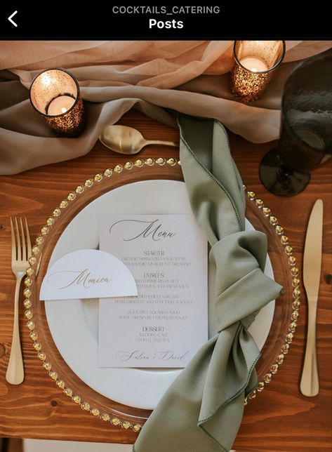 Olive Green Weddings Decoration, Neutral Greenery Wedding Table Settings, Wedding Table Plates Set Up, Fall Wedding Napkin Ideas, Champagne Greenery Wedding Theme, Cheap Wedding Plates Table Settings, Wedding Table With Chargers, Wedding Plate Setting Round Table, Gold And Green Table Setting Wedding