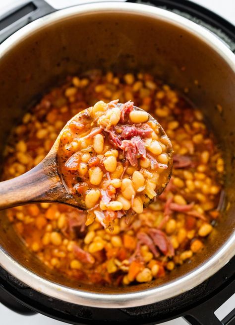 Instant Pot Navy Bean Soup with Ham Recipe - CucinaByElena Instant Pot Navy Bean Soup With Ham, Navy Bean Recipes Instant Pot, Instant Pot Beans And Ham, Ham And Bean Soup Recipes Instant Pot, Instant Pot Ham And Bean Soup, Navy Bean Soup With Ham, Ham Bone Bean Soup, Navy Bean And Ham Soup, Navy Beans And Ham