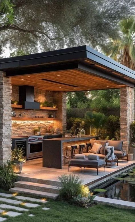 Pool And Bbq Area Ideas, Outdoor Kitchen Roofing Ideas, Bbq Pergola Ideas Grill Area, Bbq Pool Area, Pool Side Gazebo, Outdoor Ideas Backyard, Covered Outdoor Patio Ideas, Outdoor Barbecue Area, Pool Side Bar