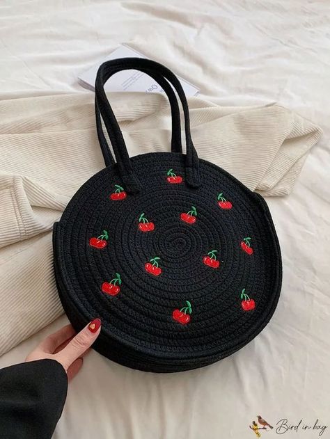 BirdinBag - Cherry Print Crochet Bag with Dual Handles - No Closure - Black Black crochet bag #blackcrochetbag #crochet #crochetbag #crochetbags 15.382 Free Crochet Bag, Womens Crochet Patterns, Free Tote, Crochet Daisy, Crochet Clutch, Small Clutch, No Closure, Quick Crochet, Plush Pattern