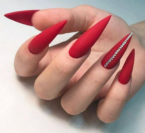 Red diamond stiletto nails Matte Stiletto Nails, Red Matte Nails, Red Stiletto Nails, Stilleto Nails Designs, Long Stiletto Nails, Bunny Nails, Red Acrylic Nails, Stiletto Nails Designs, Red Nail Designs