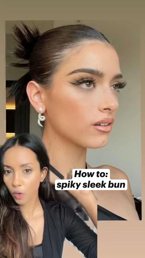 How To Slick Bangs Back, Slicked Back Straight Hair Prom, Slick Back Model Bun, Festival Hair Slick Back, Slick Back 90s Hair, Slik Hairstyles High Bun, Round Face Slick Hair, Slick Hairstyles Bangs, Slick Bun Long Hair