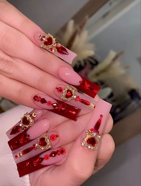 Red Long Nails With Gems, 15 Nails Ideas Red, Red French Nails With Rhinestones, Red Glam Nails Rhinestones, Red Acrylic Nails With Charms, Red And Gold Acrylic Nails Designs, Red Nails Quinceanera, Quince Ideas Red, Burgundy Quince Nails