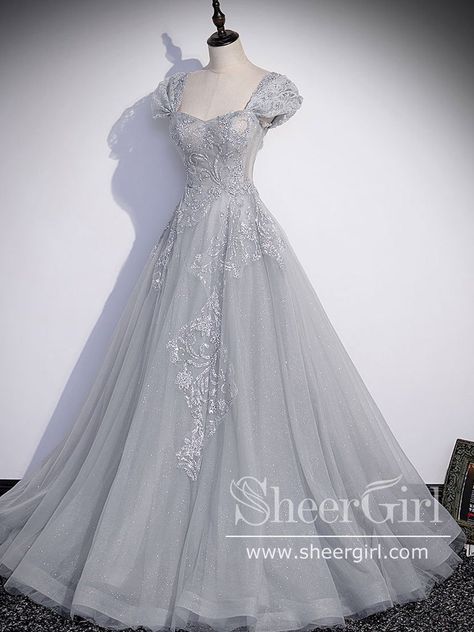 Lace Long Prom Dress, Grey Evening Dresses, Lace Party Dresses, Prom Dress Inspiration, فستان سهرة, Pretty Prom Dresses, Wedding Dress Sleeves, Tulle Lace, Sweetheart Neck