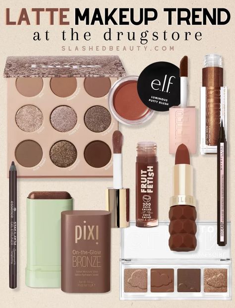 Try the trending latte makeup look with these drugstore products! The monochromatic brown toned makeup look is popular for fall | Slashed Beauty Brown Makeup Tutorial, Fall Makeup Products, Cinnamon Makeup, Latte Makeup, Vampy Makeup, Budget Beauty, Beauty Products Drugstore, Gel Eyeliner, Fall Makeup