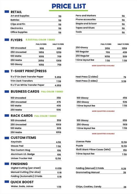 Graphic Design Price List, Graphic Design Pricing, Design Stationary, Price List Design, Stationary Shop, List Design, Price Chart, Printing Press, Marker Art