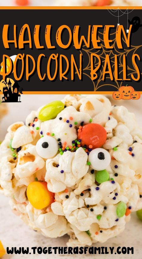 Halloween Popcorn Balls are gooey marshmallow popcorn balls made with microwave popcorn, Halloween candies, sprinkles, and eyeballs! They're the perfect festive treat for a halloween party, classroom party, or a fun dessert to celebrate the Holiday. Candy Popcorn Balls, Halloween Party Classroom, Popcorn Halloween, Halloween Popcorn Balls, Marshmallow Popcorn Balls, Halloween Themed Desserts, Popcorn Recipes Easy, Marshmallow Popcorn, Halloween Candies