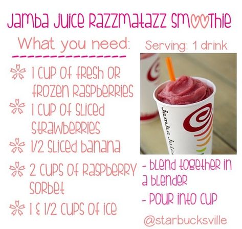 Jamba Juice razzmatazz smoothie!!(: Razmataz Smoothie Jamba Juice, Diy Jamba Juice Smoothies, Smoothie Recipes Jamba Juice, Razmataz Smoothie, Jamba Juice Razzmatazz Recipe, Jamba Juice Recipes Copycat, Razzmatazz Smoothie, Copycat Jamba Juice, Jamba Juice Recipes