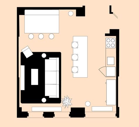 4 Living Room Layout For a Small Open-Plan Space One Wall Kitchen And Living Room, Open Space Living Room And Kitchen Square, Living And Dinner Room Ideas, Sofa Area In Kitchen, Sofa Open Plan Kitchen, Couch Separating Dining Room, Open Plan Living Room And Kitchen, Open Plan Square Kitchen Living Room, Small Living Room Ideas With Dining Area And Kitchen