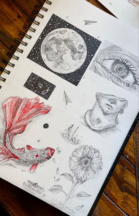 just a page of my sketchbook which includes observation studies made using micron pens with cross hatchibg and stilljng such as fish,sunflower,eye,moon, sculpture,feet,paper plane Gcse Art Sketchbook Sea Life, Eye Journal Page, Observational Drawing Sketchbook Layout, Moon Sketchbook, Sketchbook School, Gcse Art Eyes Page, Eye Sketchbook Page, Sketchbook Fillers, Moon Sculpture