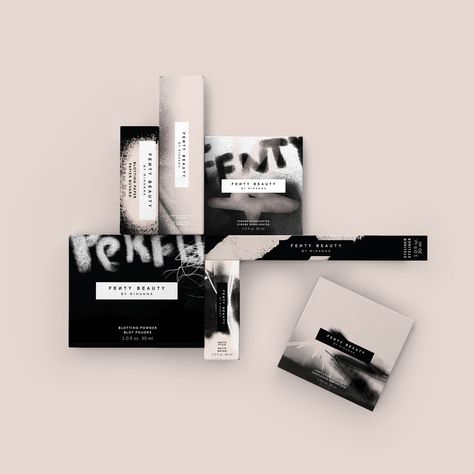 Established is delighted to share our new range of cosmetics for Rihanna: Fenty Beauty. We developed the entire packaging range, the identity, and graphic design language. Makeup Packaging Design Inspiration, Black And White Cosmetic Packaging, Fenty Beauty Packaging, Black And White Product Packaging, Grunge Packaging Design, Festive Packaging Design, Fenty Packaging, Grunge Packaging, Packaging Logo