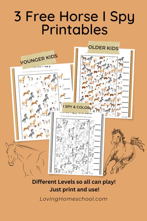 3 versions of Free Horse I Spy Printables for fun searching for Horses. Different difficulty levels allow everyone to play. Horse Bingo Printable Free, Horse Games For Kids, Horse Activities For Kids, Horse Camp Activities, Horse Riding Games, Birthday Horses, Farm Barn Ideas, Wild West Crafts, Stable Management