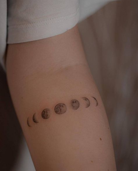 Tattoo Ideas Female Moon Phases, Fineline Moon Phases Tattoo, Moon Related Tattoos, Nyx Tattoo, Inner Forearm Tattoos For Women, Moon Phase Tattoos, Astronomy Tattoos, Realistic Moon Tattoo, Glyph Tattoo