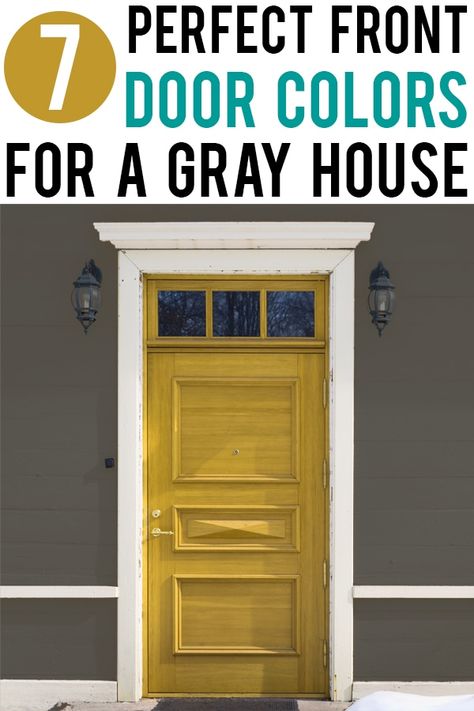 Are you looking for some ideas for front door colors for a gray house? Check out our top 7 color choices for our house. Plus, you can help us select a color by voting for your favorite! #newbuild #homeinspiration Front Door Colors With Gray Siding Dark, Gray House With Colored Front Door, Grey House With Yellow Door, Front Door Ideas Grey House, What Color Front Door With Gray House, Grey House With Colored Front Door, Grey Houses With Colored Doors, Door Color Gray House, Front Door Color With Grey Siding