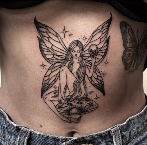 Fairy Stomach Tattoo, Creepy Fairy Tattoo, Evil Fairy Tattoo, Fairy Tattoo Designs Unique, Cool Nature Tattoos, Wicca Tattoo, Nature Tattoo Ideas, Whimsical Tattoos, Stomach Tattoos Women