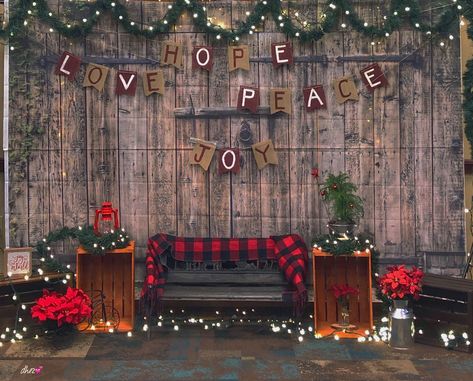 our rustic Christmas backdrop/stage Diy Christmas Backdrop, Diy Christmas Photo, Christmas Party Backdrop, Christmas Photo Booth Backdrop, Photo Backdrop Christmas, Christmas Party Photo, Christmas Stage, Party Photo Backdrop, Christmas Photography Backdrops