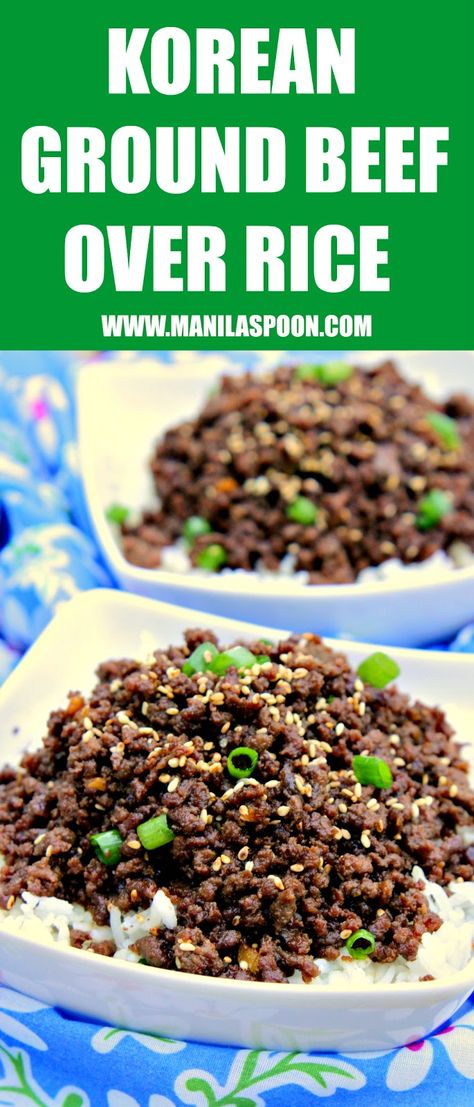 Just add some fried eggs on top and it's a delicious breakfast! Sweet, salty, with a little spicy kick, this quick and easy Korean Ground Beef over Rice will please your taste buds! Done in 20 minutes or less. | manilaspoon.com Beef Over Rice, Koreansk Mad, Korean Ground Beef, Crockpot Recipes Beef Stew, Beef Steak Recipes, Diy Easy Recipes, Crock Pot Recipes, Crockpot Recipes Beef, Fried Eggs