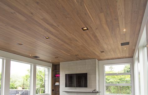 LONGPORT black walnut at Fire Island residence Walnut Ceiling, Ceiling Cladding, Conference Hall, Sugi Ban, Ceiling Detail, Shou Sugi Ban, Fire Island, American Black Walnut, Wall Cladding