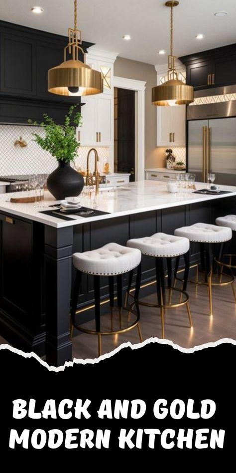 Get inspired by our top 27 stunning black and gold modern kitchen designs, featuring a blend of luxury and practicality. These ideas highlight the elegance of black and gold cabinets, sophisticated island light pendants, and stylish decor elements that transform your kitchen into a beautiful, functional space. Whether you prefer a minimalist design or a more opulent setup, this collection has something for everyone. Explore these black and gold modern kitchen ideas and elevate your home with tim Gold And Black Kitchen Ideas, Kitchen With Black And Gold Appliances, Black White And Brown Kitchen Modern, Black And Gold Kitchen Ideas, Black White And Gold Kitchen, Black And Gold Kitchen, Modern Luxury Kitchen, Black Kitchen Cabinets, Kitchen Colour Schemes