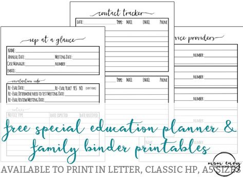 Special Education planner inserts and family binder inserts. Free printable special education worksheets for parents and teachers. Free IEP at a glance. Organization Worksheets, Special Education Teacher Binder, Iep Binder, Free Teacher Printables, Free Planner Inserts, Free Planner Printables, School Binders, Teacher Printables, House Night