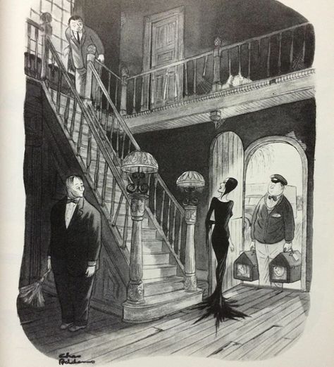 New Yorker cartoon by Charles Addams, 30 August 1947 "It's the children back from camp" Addams Family Original, Addams Family Members, Original Addams Family, Addams Family Cartoon, The Addams Family 1964, Family Comic, Halloween Dollhouse, Charles Addams, Gomez And Morticia