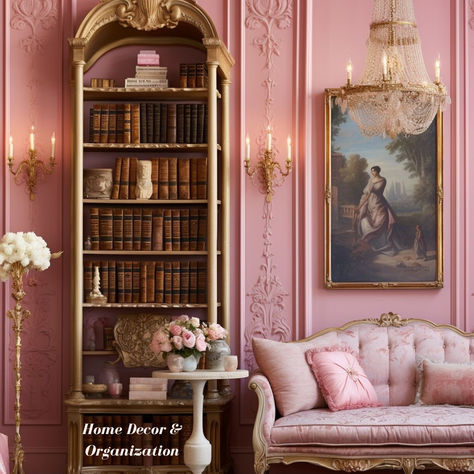 Overall home (decoration, organization, etc.) Brigerton Inspired Room, French Princess Room, Brigerton Interior, Pink French Office, Princesscore Living Room, Bridgerton Room Decor Ideas, Bridgeton Room Aesthetic, Baroque Bookshelf, Rococo Bookshelf