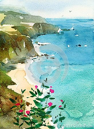 Watercolor Seascapes, Seascape Watercolor, Landscape Sketches, Journal Sketches, Sea Scapes, Watercolor Nature, Sketch Watercolor, Dorm Art, Coastal Painting