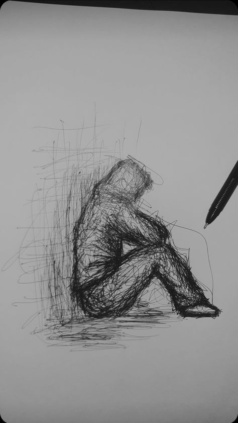 Monophobia Drawing, Deep Sketch Meaningful, Full Of Thoughts Drawing, Scared Person Drawing, Dark Scribble Art, Meaningful Drawing Sketches Deep, Dysmorphophobia Art, Messy Drawings Sketches, Messy Line Art